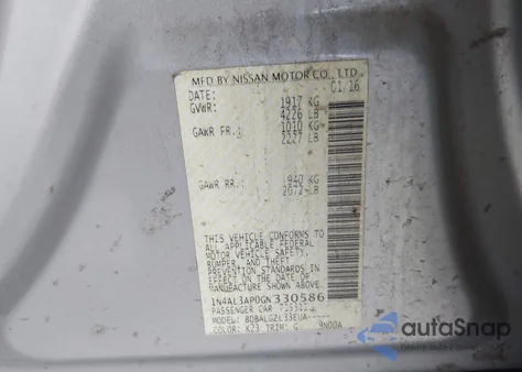 2016 Nissan Altima 2.5/2.5 S/2.5 Sl/2.5 Sr/2.5 Sv z USA, uszkodzony, nr VIN 1N4AL3AP0GN330586